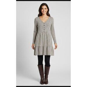 Loft Diamond Pattern Long-Sleeve V-Neck Tiered Dress XS Acrylic/Polyester/Spande